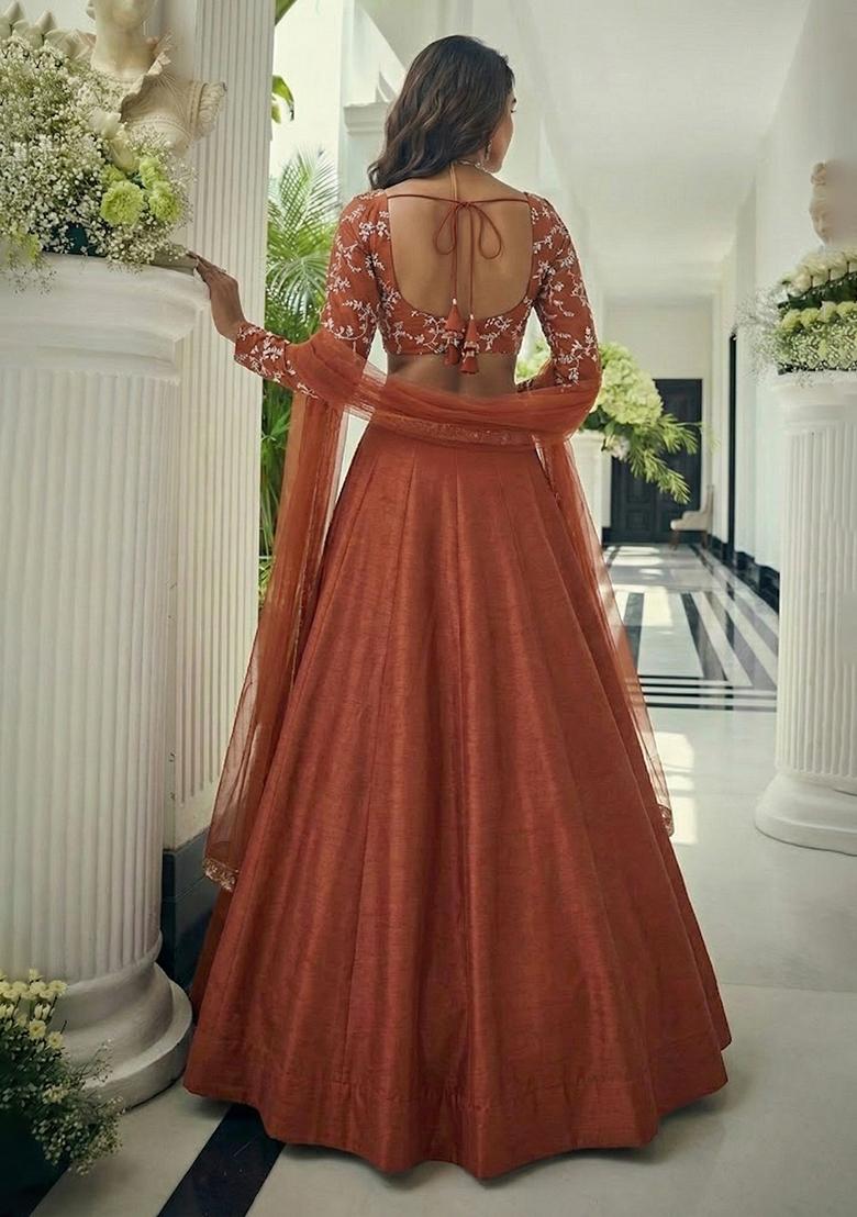 Red Embroidered Crepe Lehenga Set - Indya