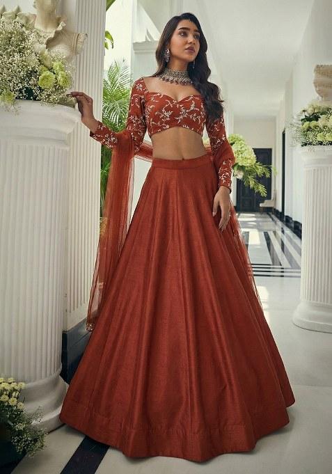 Red Embroidered Crepe Lehenga Set