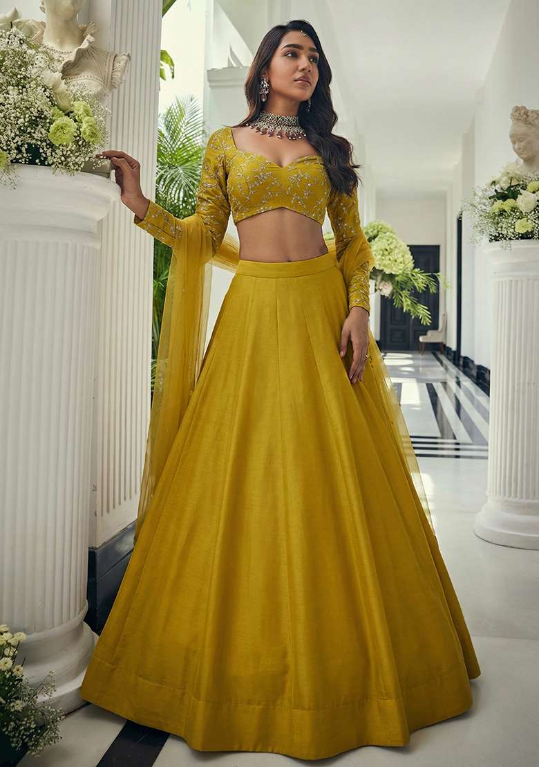 Yellow Embroidered Crepe Lehenga Set - Indya