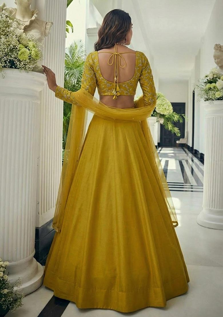Yellow Embroidered Crepe Lehenga Set - Indya
