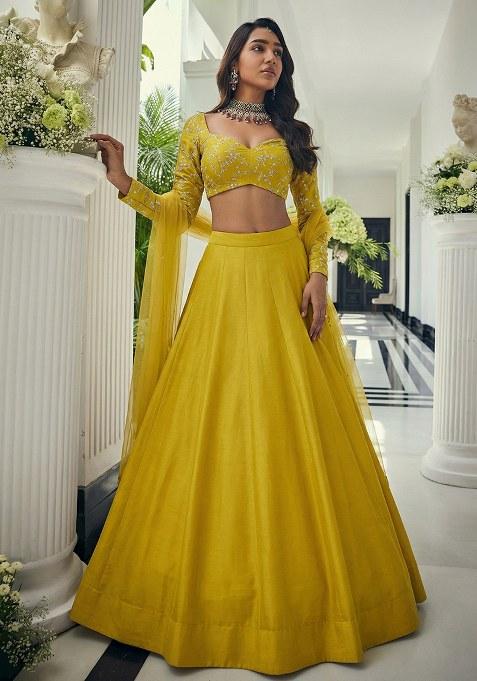 Yellow Embroidered Crepe Lehenga Set