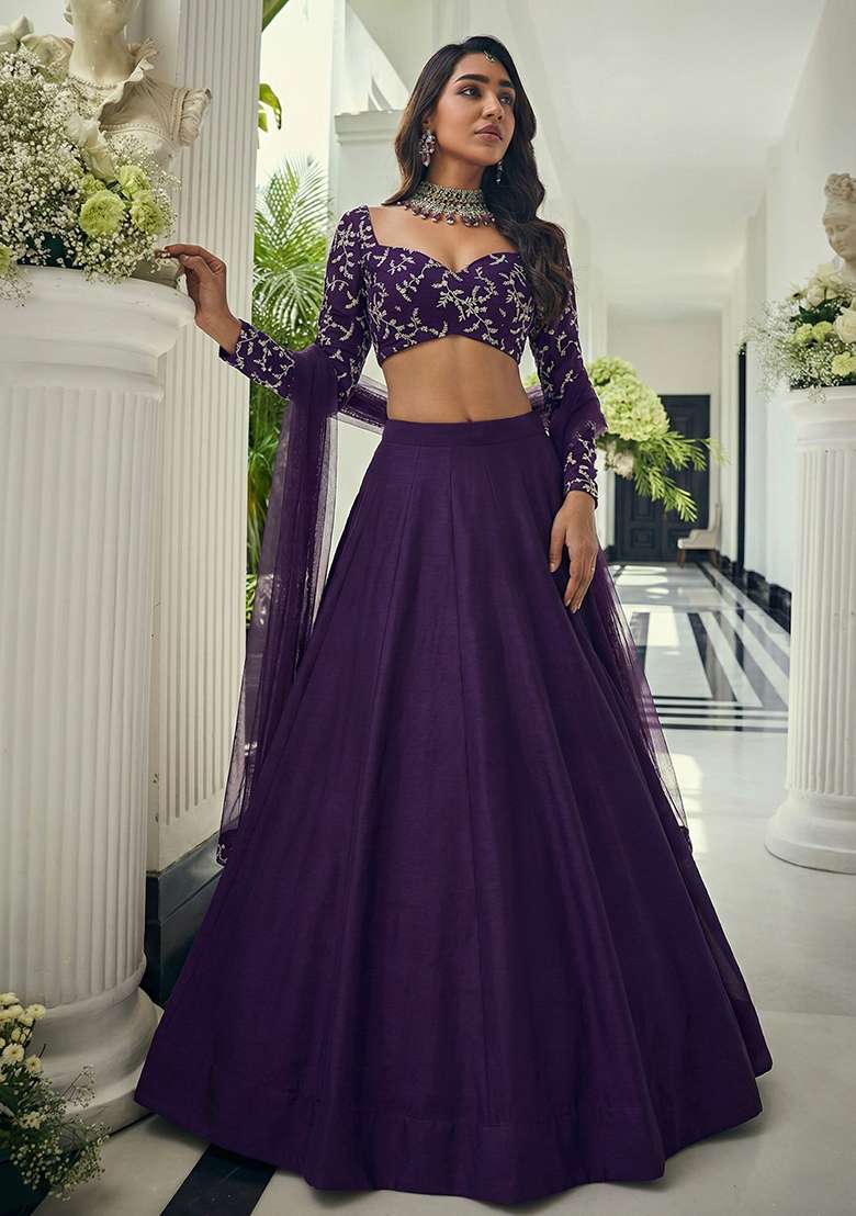 Purple Embroidered Crepe Lehenga Set - Indya