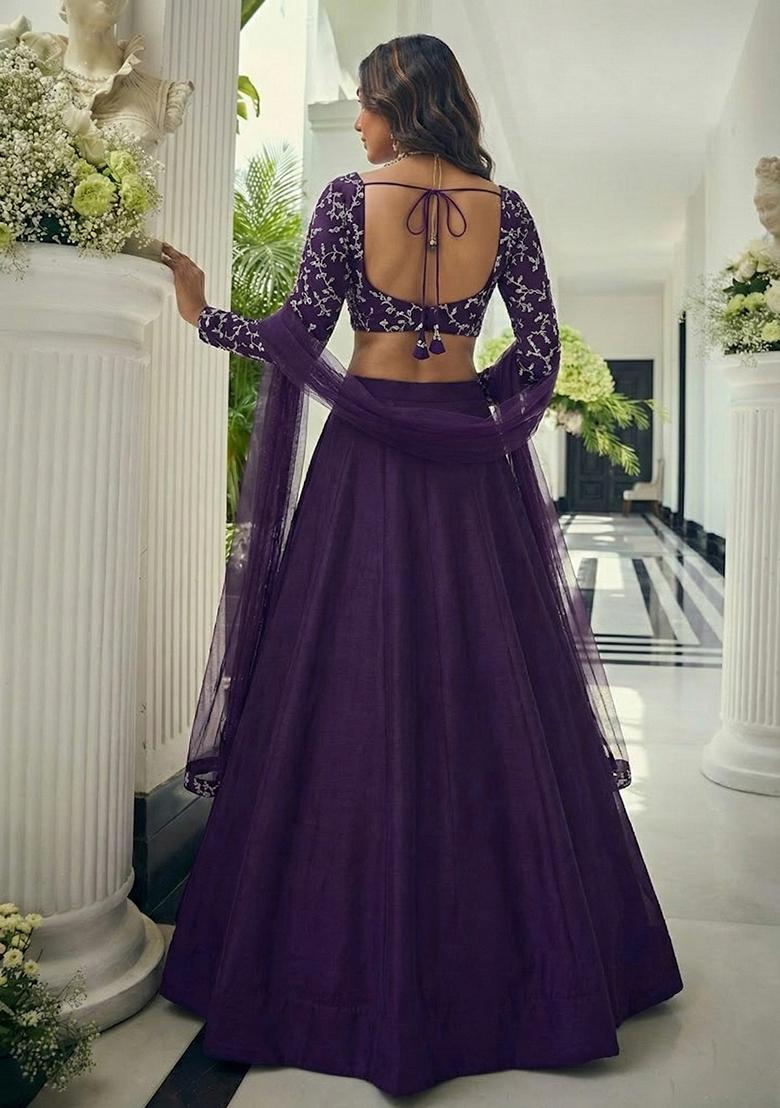 Purple Embroidered Crepe Lehenga Set - Indya
