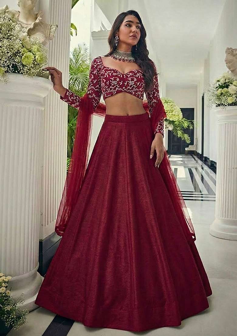 Red Embroidered Crepe Lehenga Set - Indya