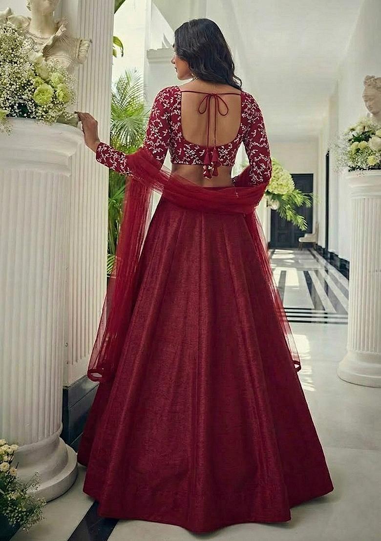 Red Embroidered Crepe Lehenga Set - Indya