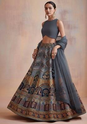 Grey Embroidered Crepe Lehenga Set