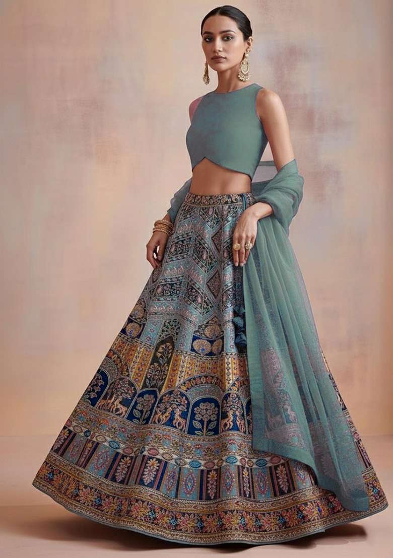 Grey Embroidered Crepe Lehenga Set - Indya