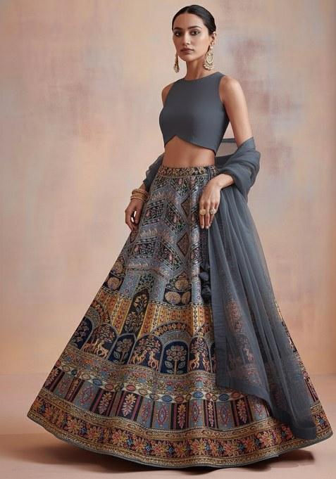 Grey Embroidered Crepe Lehenga Set