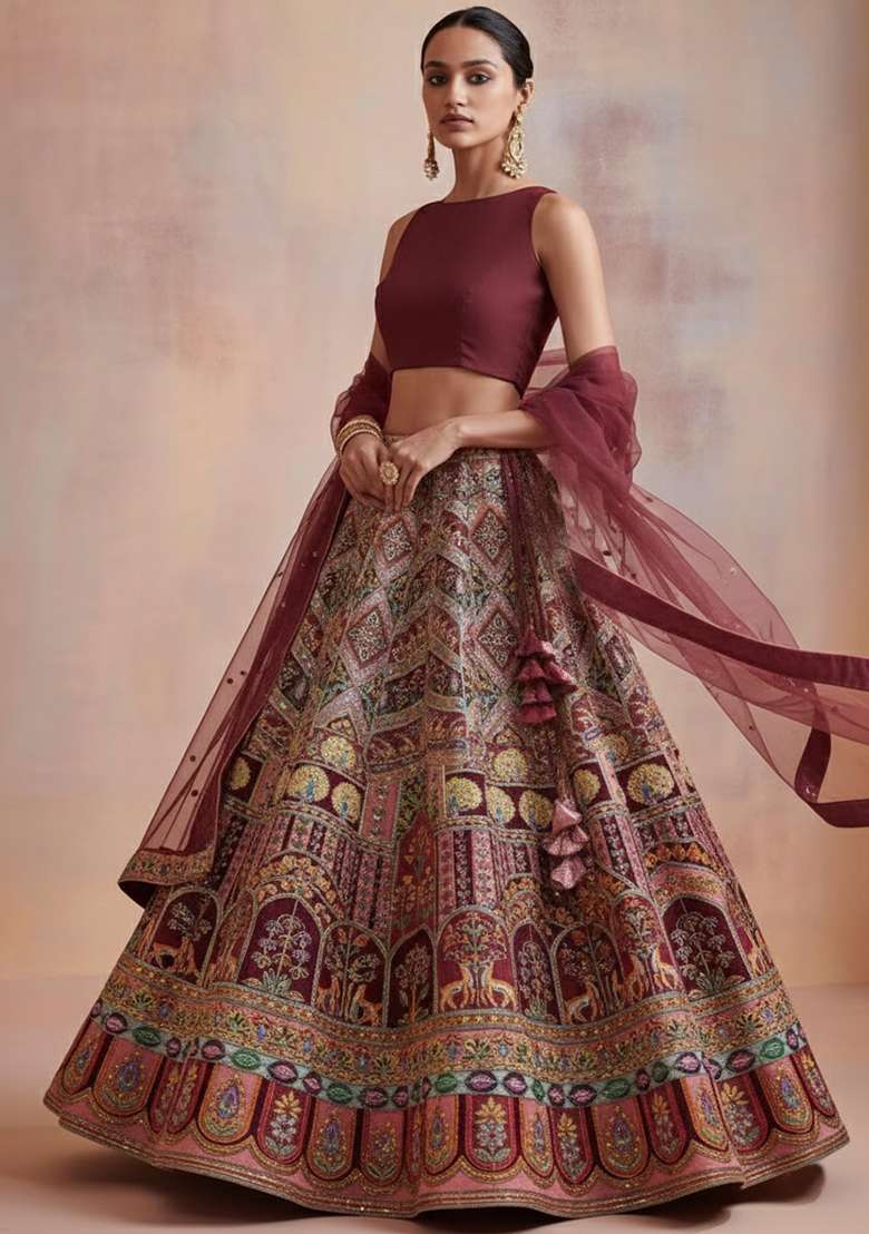 Brown Embroidered Crepe Lehenga Set - Indya