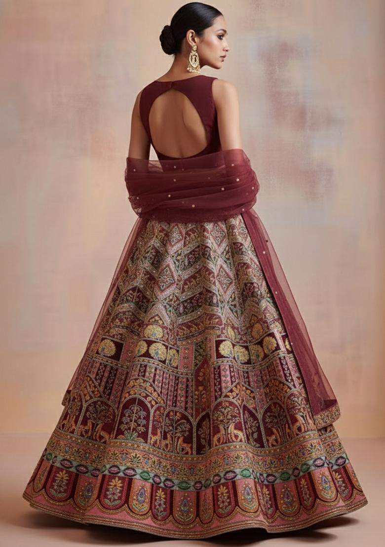 Brown Embroidered Crepe Lehenga Set - Indya