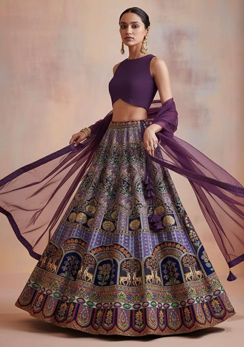Purple Embroidered Crepe Lehenga Set - Indya