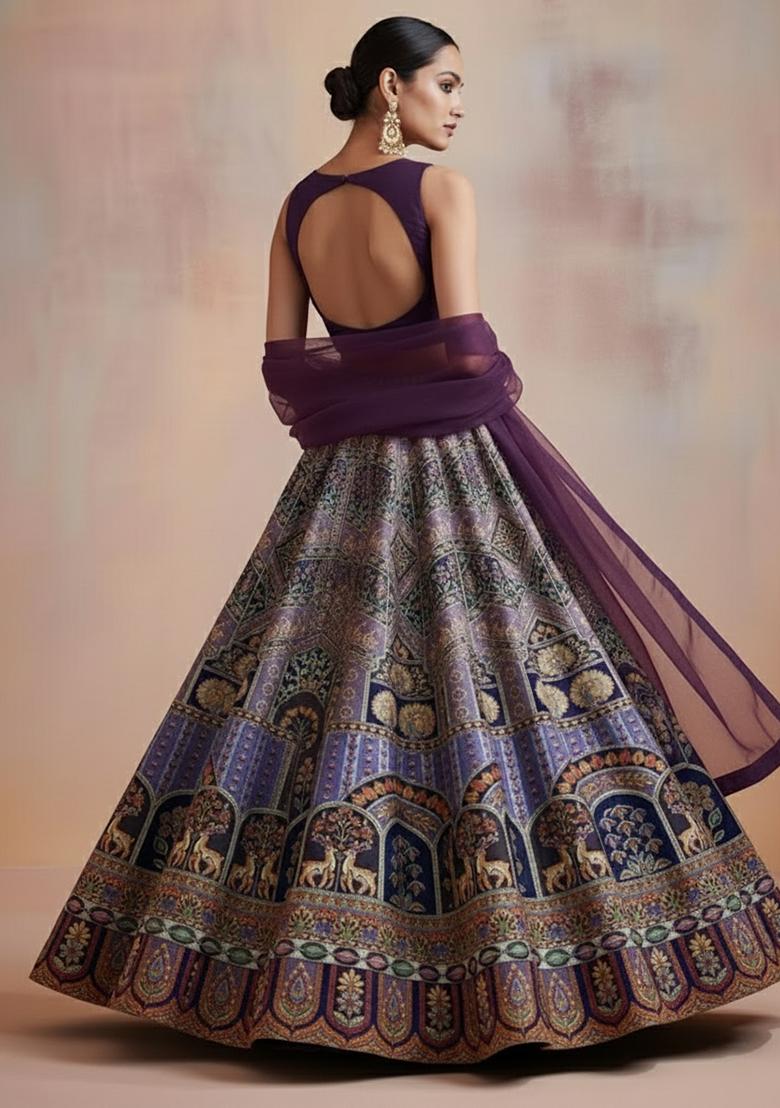 Purple Embroidered Crepe Lehenga Set - Indya
