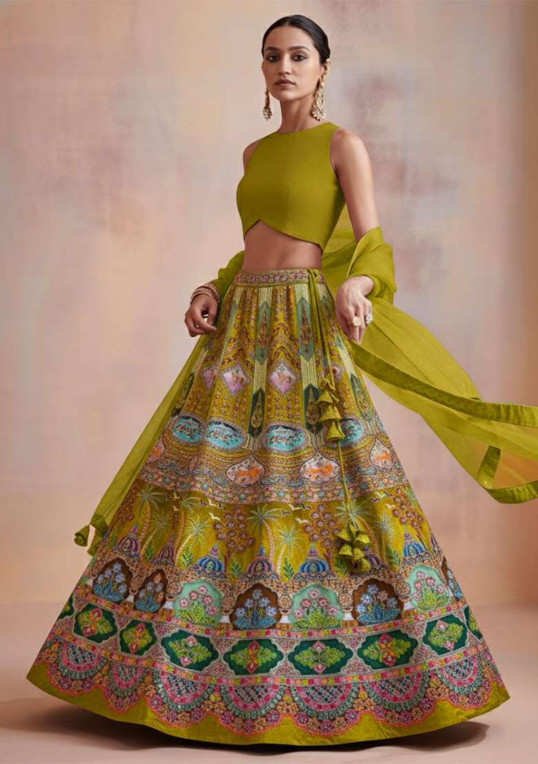Green Embroidered Crepe Lehenga Set - Indya