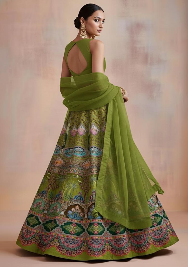 Green Embroidered Crepe Lehenga Set - Indya