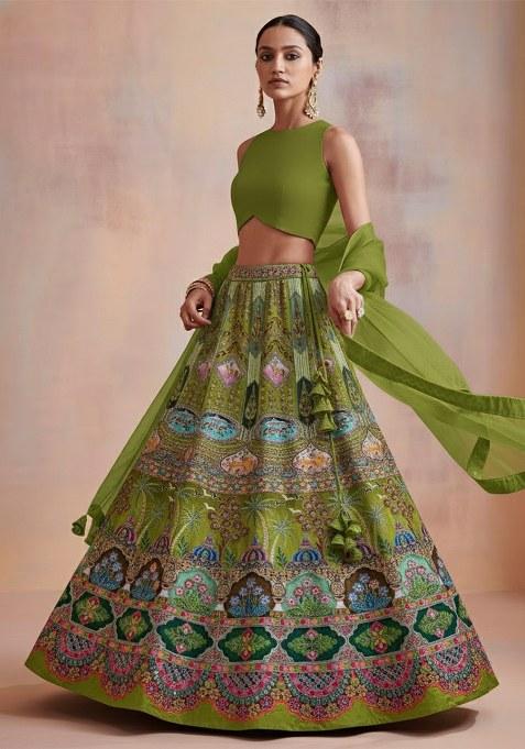Green Embroidered Crepe Lehenga Set