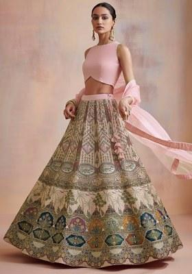 Pink Embroidered Crepe Lehenga Set