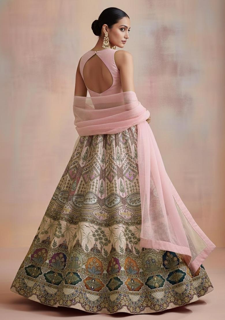 Pink Embroidered Crepe Lehenga Set - Indya