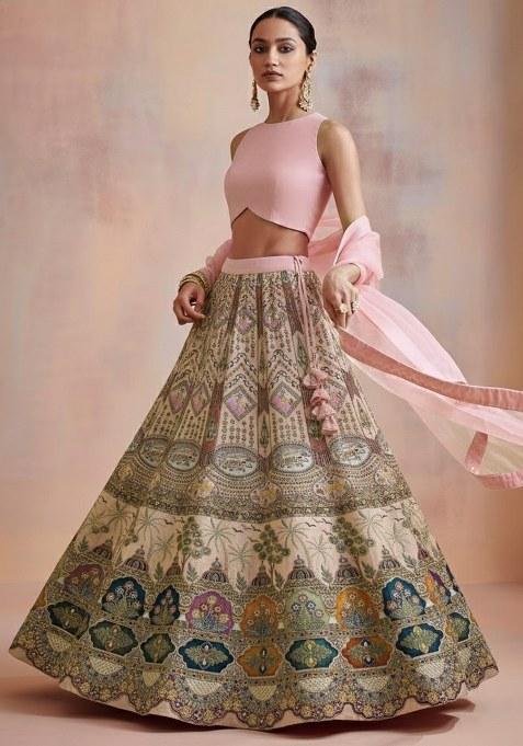 Pink Embroidered Crepe Lehenga Set