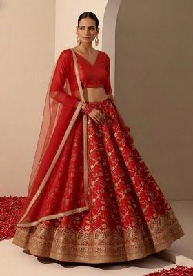 Red Embroidered Tissue Lehenga Set