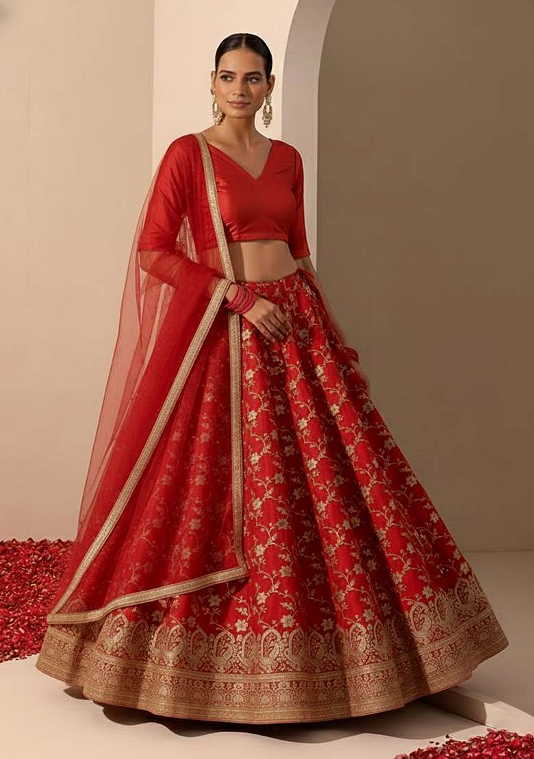 Red Embroidered Tissue Lehenga Set - Indya
