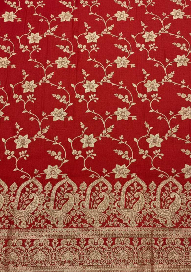 Red Embroidered Tissue Lehenga Set - Indya