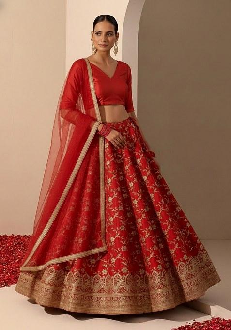 Red Embroidered Tissue Lehenga Set