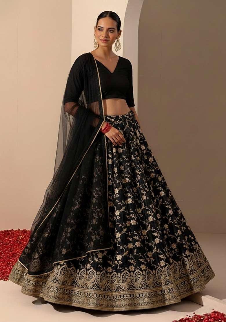 Black Embroidered Tissue Lehenga Set - Indya