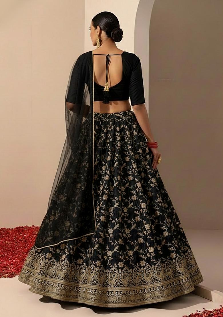 Black Embroidered Tissue Lehenga Set - Indya