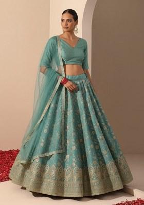 Blue Embroidered Tissue Lehenga Set
