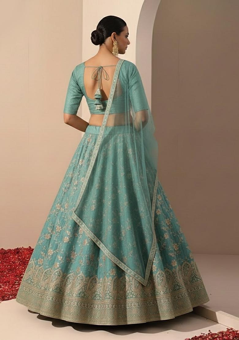 Blue Embroidered Tissue Lehenga Set - Indya