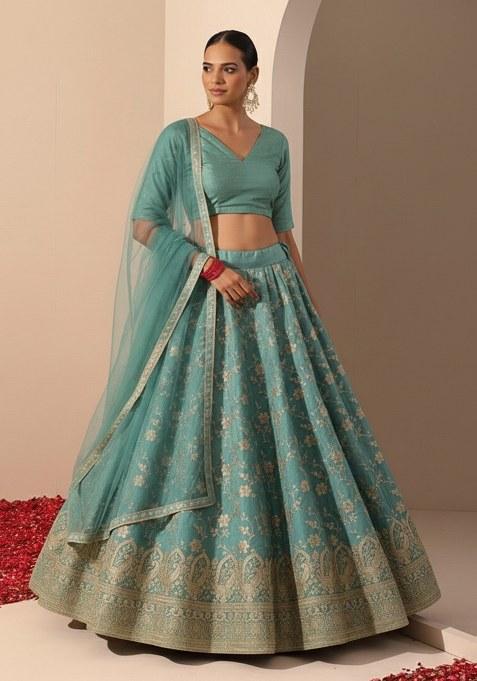 Blue Embroidered Tissue Lehenga Set