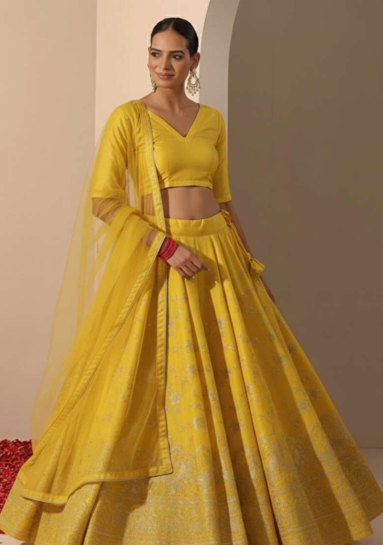Yellow Embroidered Tissue Lehenga Set - Indya