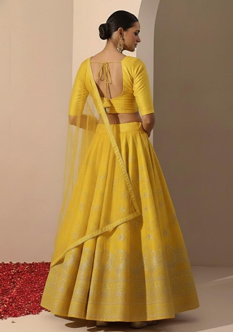 Yellow Embroidered Tissue Lehenga Set - Indya