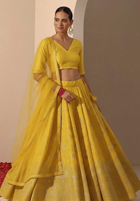 Yellow Embroidered Tissue Lehenga Set