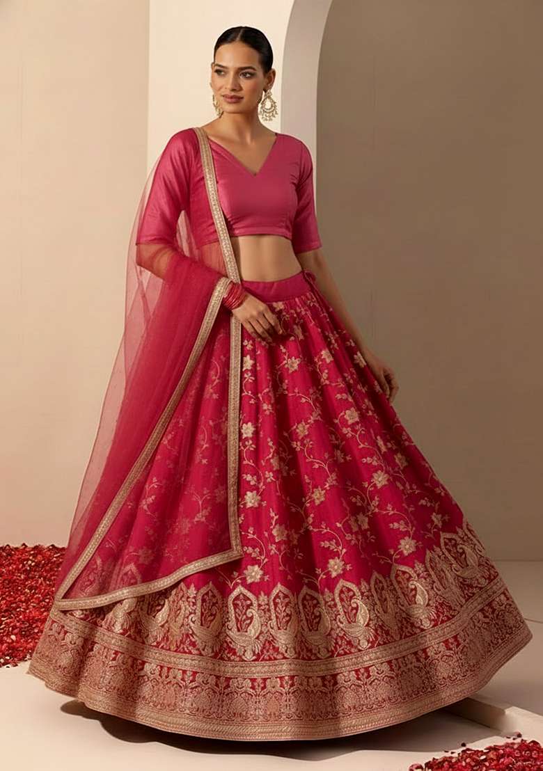 Pink Embroidered Tissue Lehenga Set - Indya