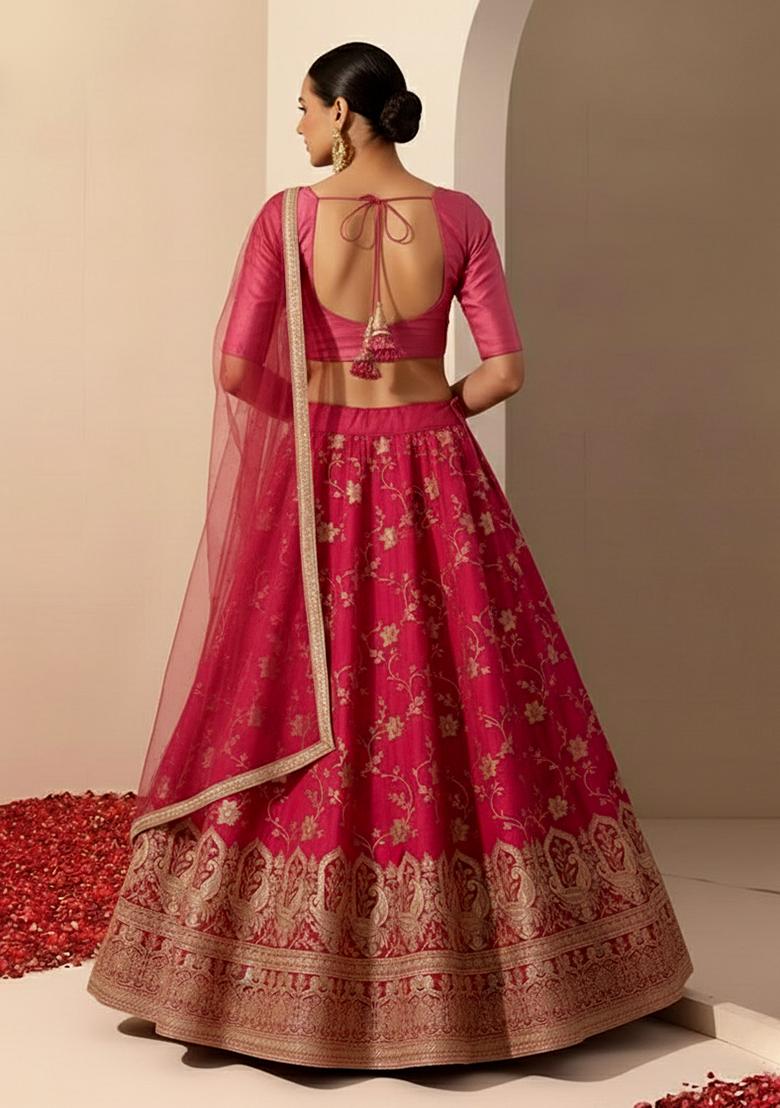 Pink Embroidered Tissue Lehenga Set - Indya