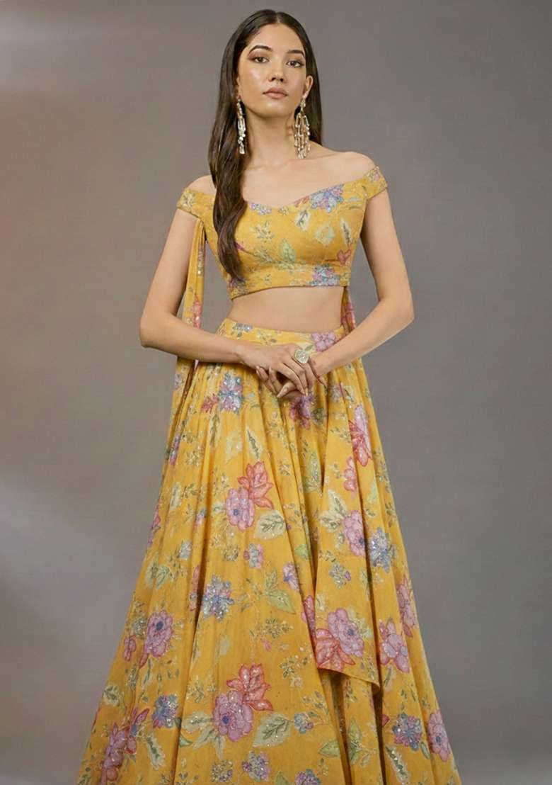Yellow Lehenga Set with Embroidered for Diwali | Wedding & Festive Wear - Indya