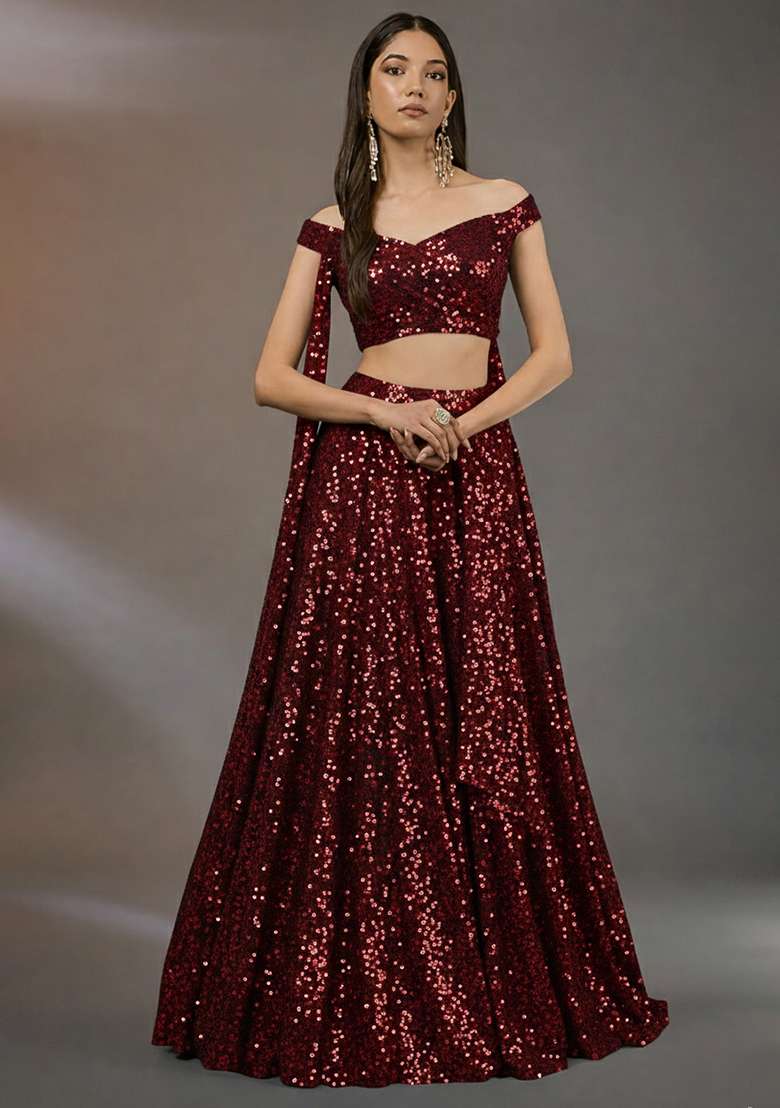 Red Net Lehenga Set with Sequin for Diwali | Wedding & Festive Wear - Indya