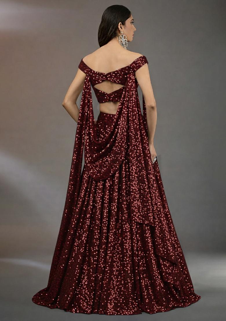 Red Sequin Net Lehenga Set - Indya
