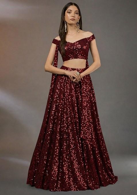 Red Sequin Net Lehenga Set