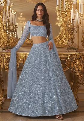 Blue Sequin Net Lehenga Set