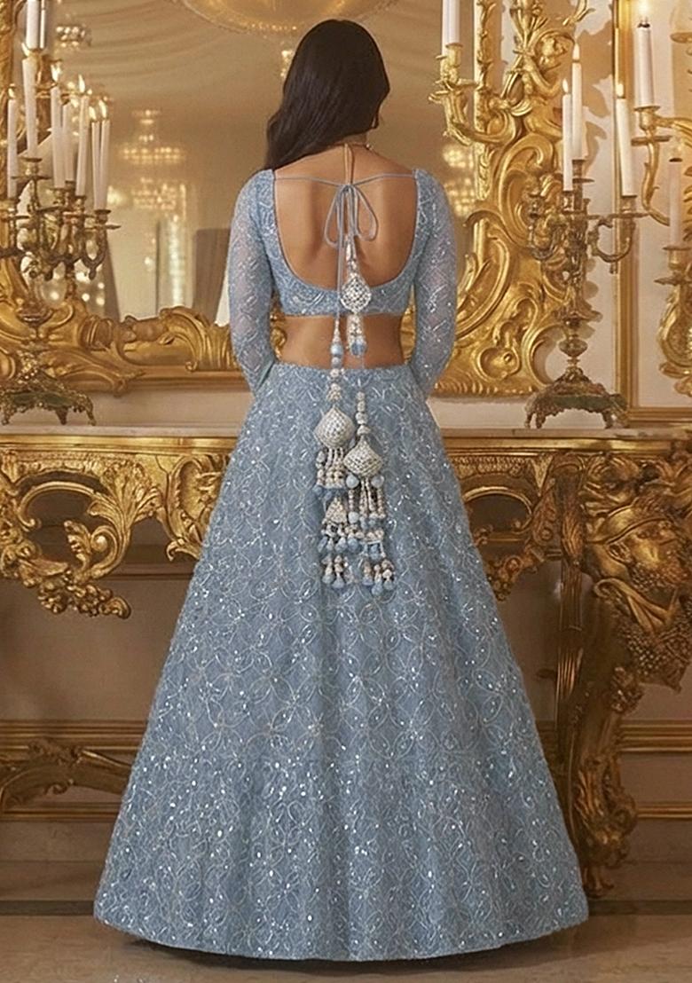 Blue Sequin Net Lehenga Set - Indya