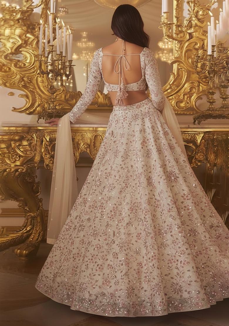 Light Beige Sequin Lehenga Set - Indya