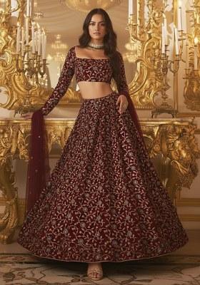 Maroon Embroidered Silk Lehenga Set