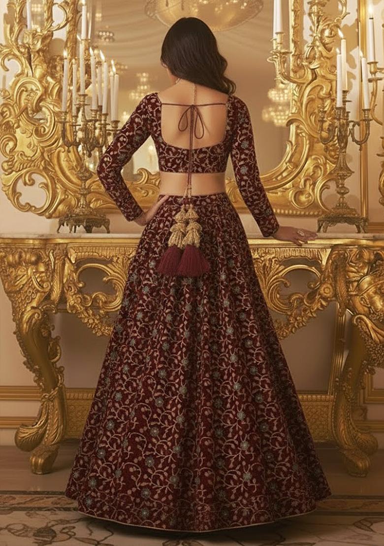 Maroon Embroidered Silk Lehenga Set - Indya