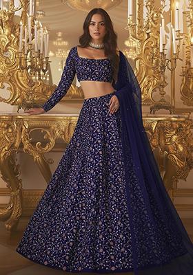 Royal Blue Embroidered Silk Lehenga Set