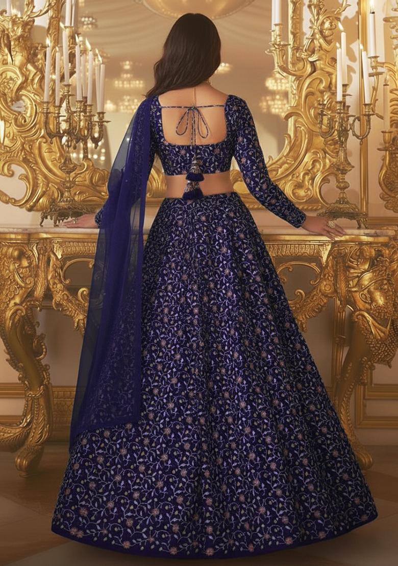 Royal Blue Embroidered Silk Lehenga Set - Indya
