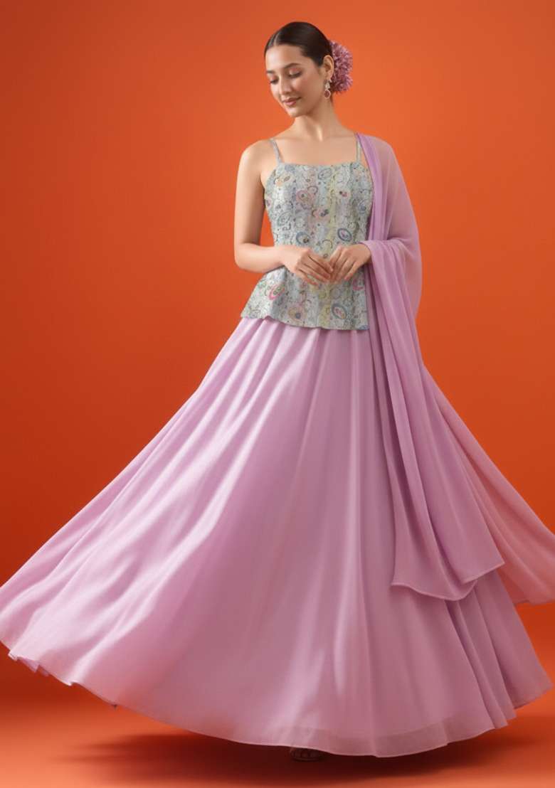 Pink Tissue Lehenga Set with Embroidered for Diwali | Wedding & Festive Wear - Indya