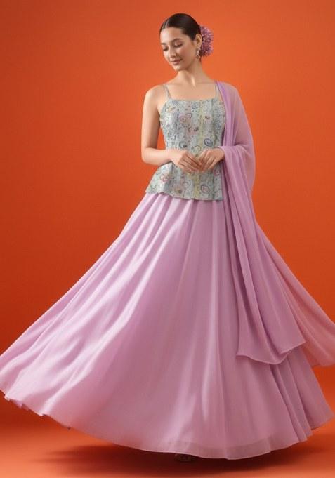 Pink Embroidered Tissue Lehenga Set