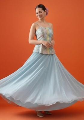 Blue Embroidered Tissue Lehenga Set